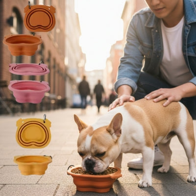Bouledogue français mangeant dans une gamelle pour chien orange avec modèles pliables en couleur.