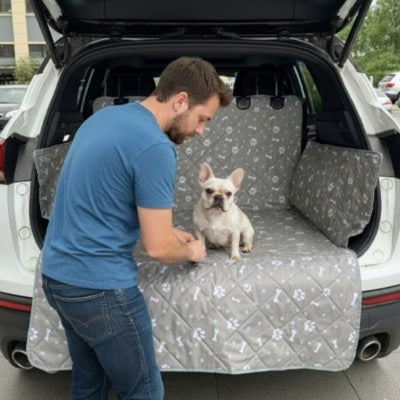 Bouledogue Français assis sur une bâche grise à motifs chien voiture protection.