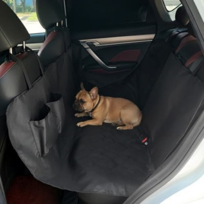 Golden Retriever calme sur une housse pour voiture pour chien fixée aux appuie-têtes arrière.