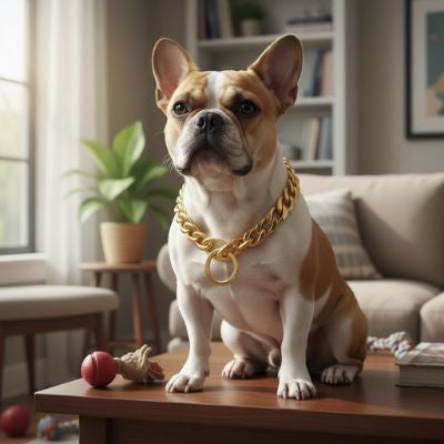 Un Bouledogue français assis fièrement sur une table basse, portant un luxueux collier etrangleur chien en mailles dorées. Décor de salon.