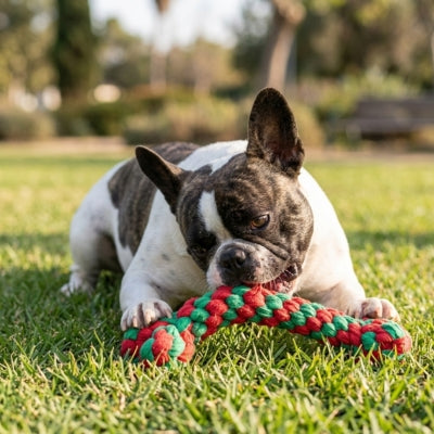 Bouledogue français bringé couché sur l'herbe mâchant un jouet chien en corde rouge et verte.