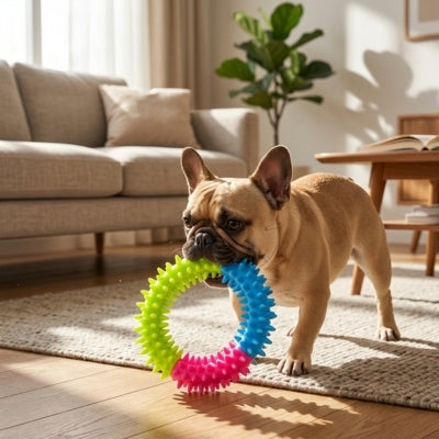 Bouledogue français debout sur un tapis tenant un grand jouet chien anneau cranté vert et bleu.