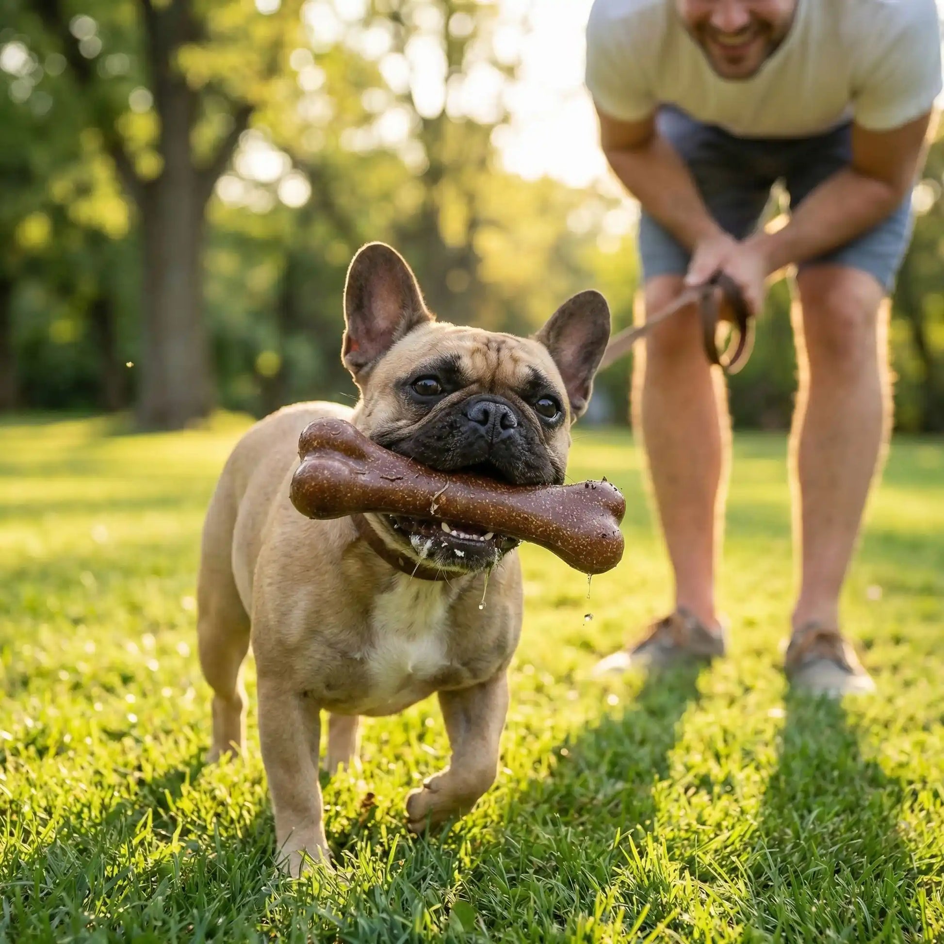 Bouledogue français avec un jouet indestructible chien dans la gueule sur une pelouse.