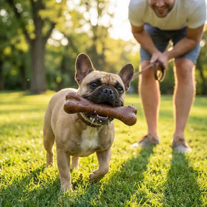 Bouledogue français avec un jouet indestructible chien dans la gueule sur une pelouse.