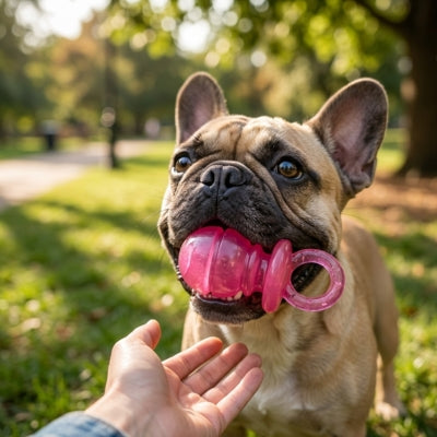 Bouledogue français tenant un jouet Kong chien rose en forme de tétine face à une main.