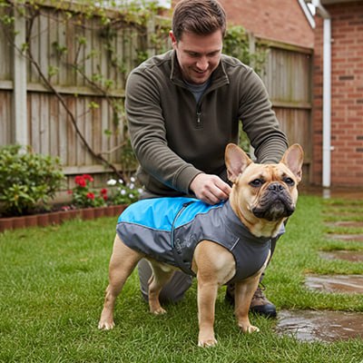 Un bouledogue français porte un manteau imperméable pour chien bleu et gris sur l'herbe.