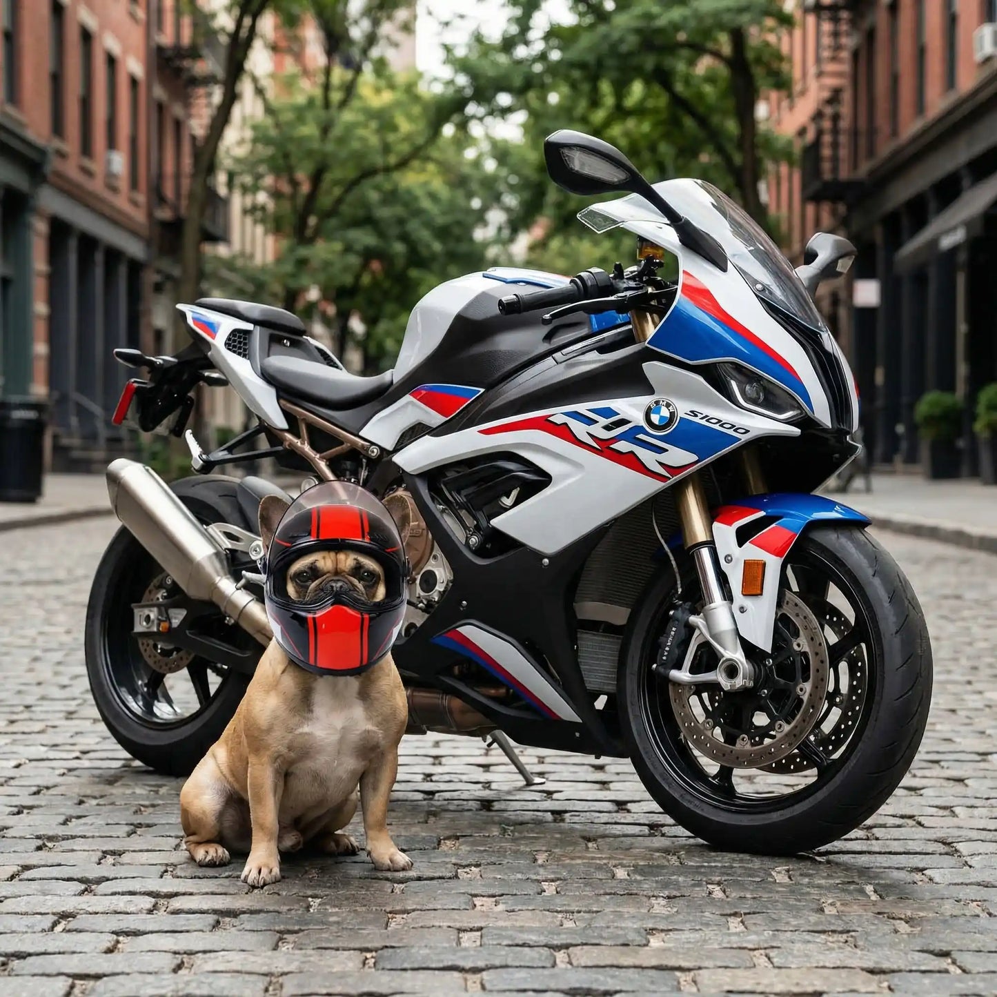 Bouledogue français avec son casque moto pour chien assis à côté d'une moto BMW S1000RR.