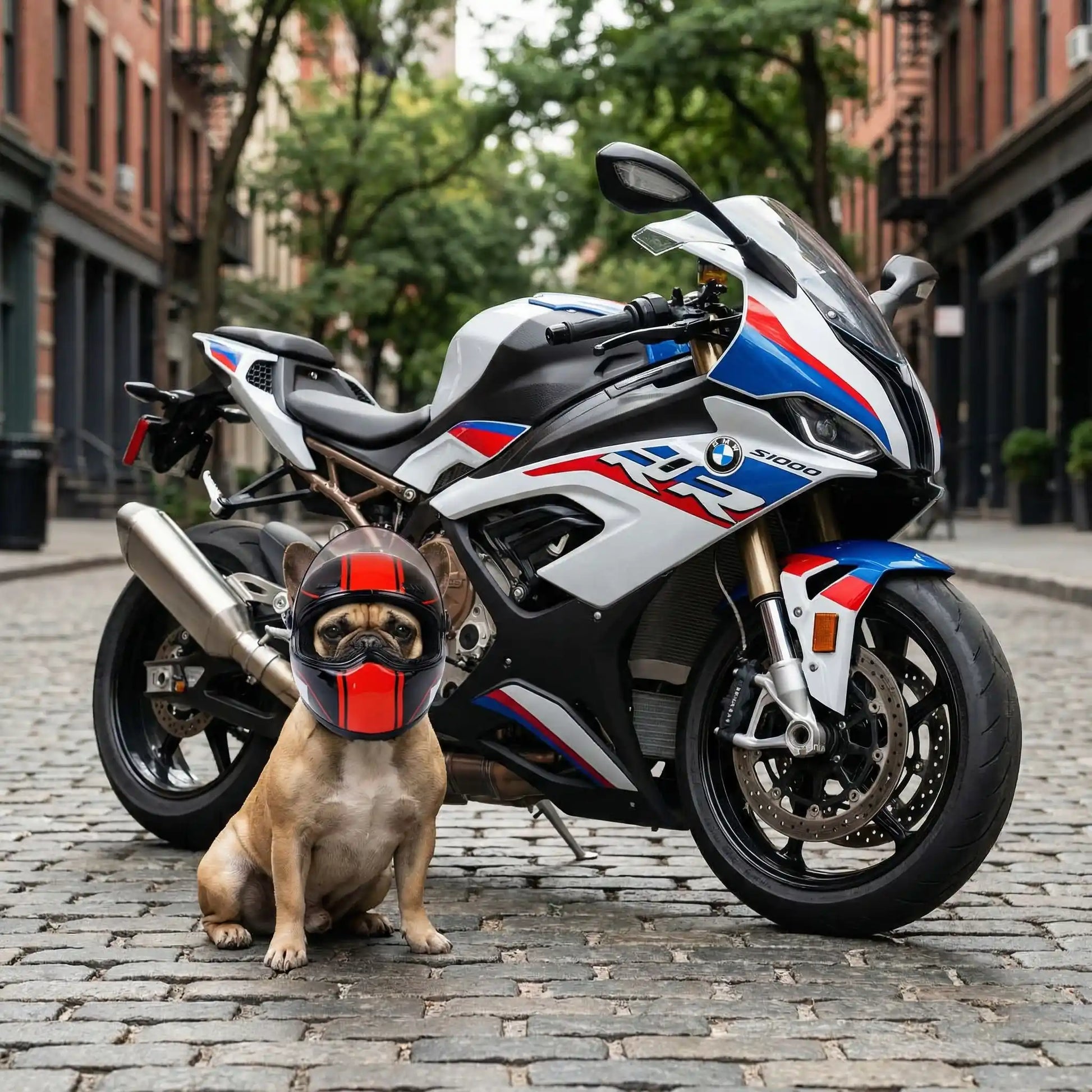 Bouledogue français avec son casque moto pour chien assis à côté d'une moto BMW S1000RR.