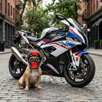 Bouledogue français avec son casque moto pour chien assis à côté d'une moto BMW S1000RR.