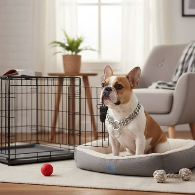 Bouledogue français avec un collier etrangleur chien argenté, assis dans son panier près de sa cage ouverte. Un moment de calme à la maison.