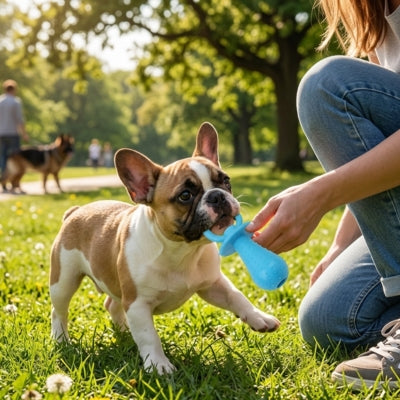 Bouledogue français jouant dans un parc avec une personne et un jouet kong chien bleu ciel.