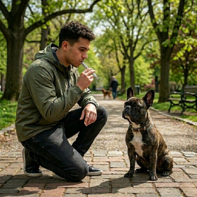 Jeune homme accroupi dans un parc utilisant un sifflet ultrason pour chien face à un Bouledogue Français.