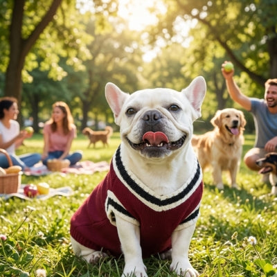 Bouledogue français souriant avec un pull pour chien bordeaux, en arrière-plan dans un parc.