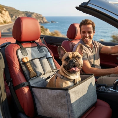 Bouledogue français dans son siege auto pour chien en voiture cabriolet au bord de mer.