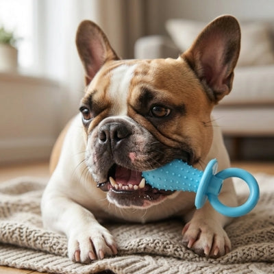 Bouledogue français allongé sur un tapis mâchant un jouet kong chien bleu à picots.