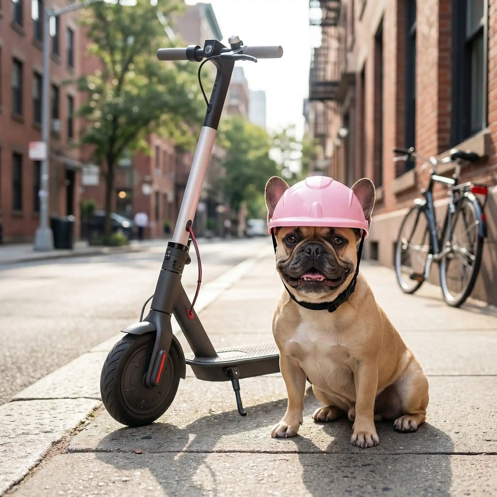 Bouledogue français assis près d'une trottinette électrique avec son casque moto pour chien rose.