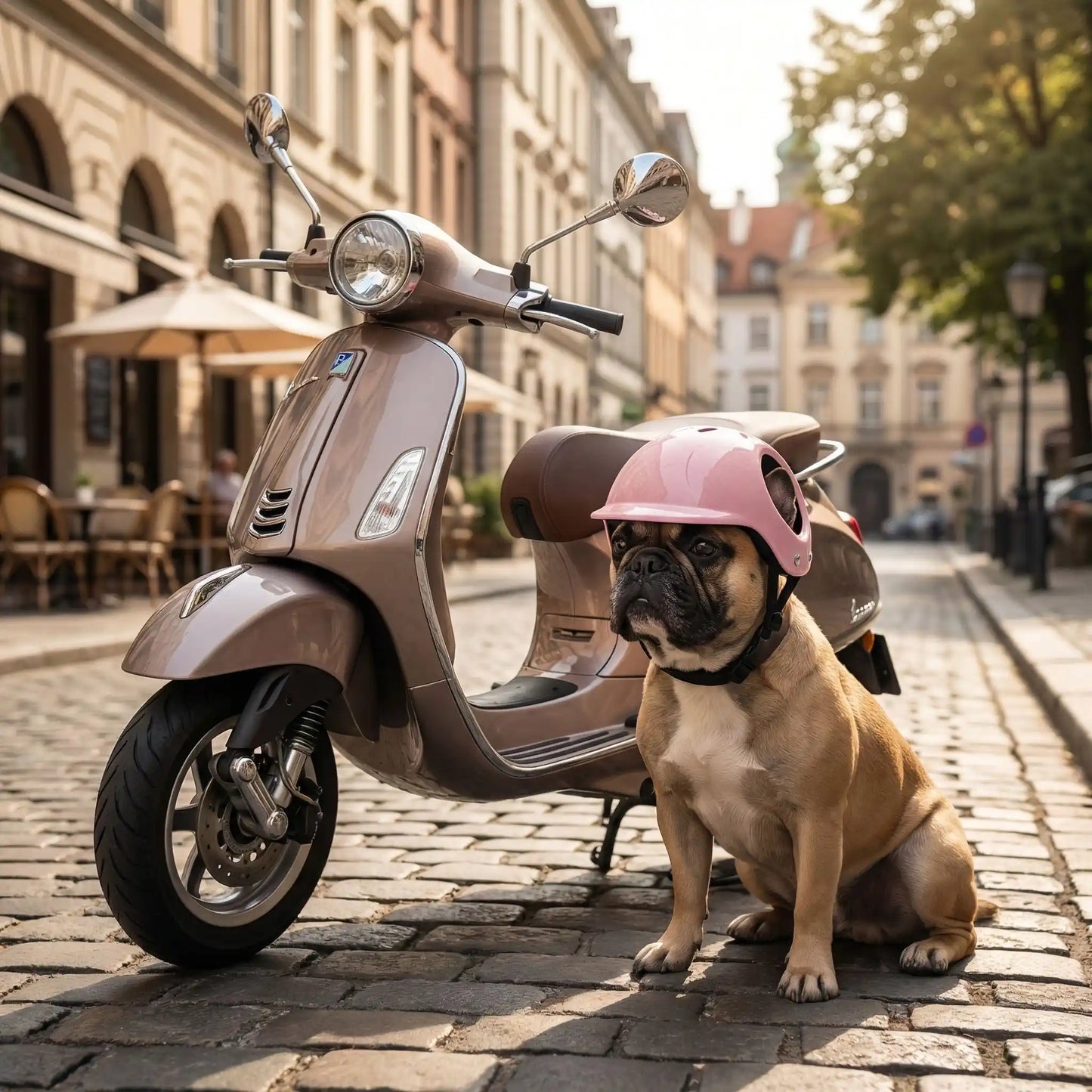 Bouledogue français avec casque moto pour chien rose assis devant un scooter Vespa.