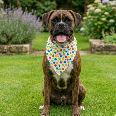 Chien Boxer bringé assis dans un jardin avec un bandana chien blanc à larges pois colorés.
