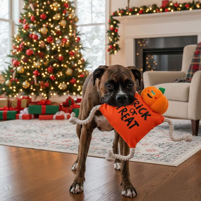 Chien Boxer tenant un jouet chien en forme de sac orange avec l'inscription "Trick or Treat".