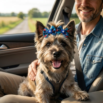Cairn Terrier en voiture portant un double noeud papillon chien bleu à motifs.