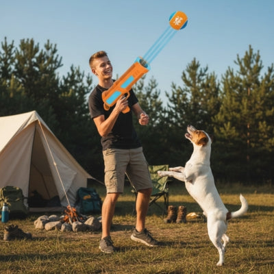 Jeune homme en camping avec un Jack Russell et un lanceur de balle pour chien.