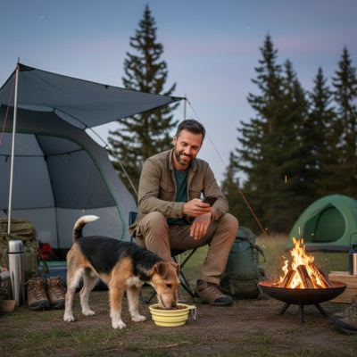 Chien Berger Allemand mangeant dans des gamelles chien pliables jaunes près d'un feu de camp.