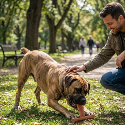 Cane Corso bringé mâchant son jouet pour chien indestructible sur l'herbe avec son maître.