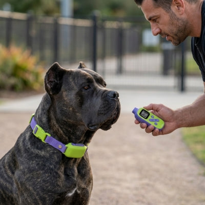 Cane Corso bringé face à un homme tenant une télécommande de collier de dressage violet et vert.