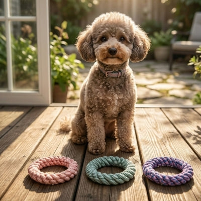 Caniche assis devant trois anneaux colorés, jouet pour chien indestructible en corde.