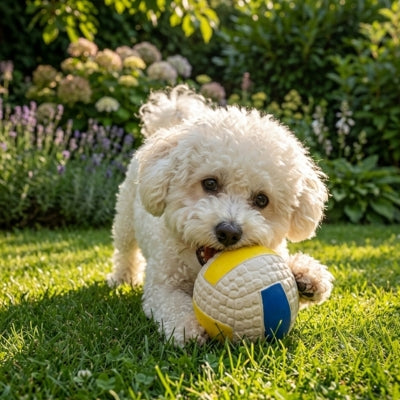 Chien Caniche blanc frisé s'amusant avec une grosse balle chien dans un jardin fleuri.