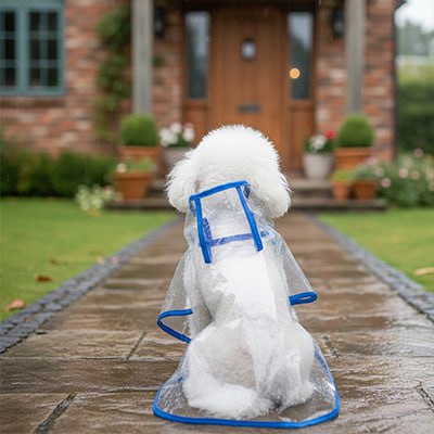 Caniche blanc de dos portant un manteau imperméable pour chien transparent avec bordure bleue.