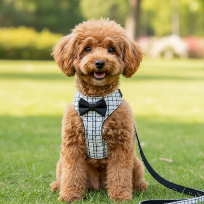 Caniche brun assis sur l'herbe portant un harnais pour chien à carreaux noir et blanc avec nœud.