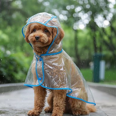 Caniche brun assis sous la pluie avec un manteau imperméable pour chien transparent à bordure bleue.
