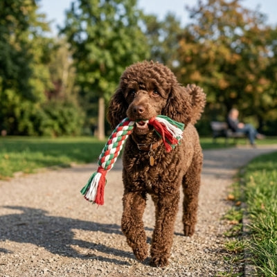 Caniche brun marchant sur un chemin de parc tenant un jouet chien en corde dans sa bouche.