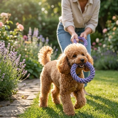 Caniche marron tenant un anneau violet, jouet pour chien indestructible dans un jardin.