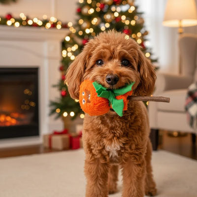 Caniche marron tenant un jouet chien citrouille orange devant un sapin de Noël illuminé.