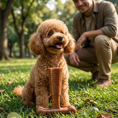 Caniche abricot assis dans l'herbe devant un jouet pour chien indestructible marron au parc.