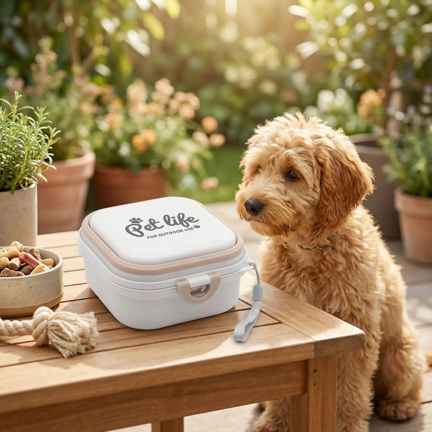 Chien Caniche regardant une gamelle chien blanche "Pet Life" posée sur une table de jardin.