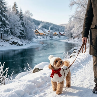 Caniche en bord de rivière enneigée avec une écharpe rouge et un bonnet pour chien blanc.