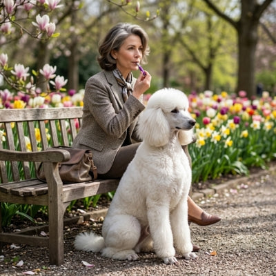 Femme assise sur un banc lève des sifflets ultrasons pour chiens près d'un Caniche blanc.