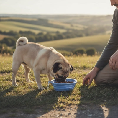 Carlin beige mangeant dans une gamelle pour chien bleue en haut d'une colline au coucher du soleil.