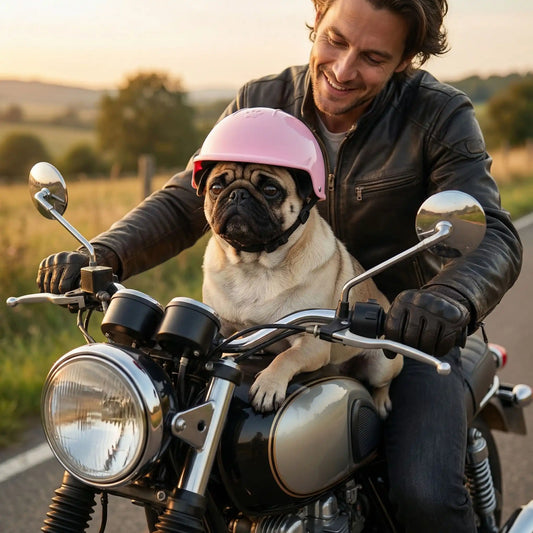 Chien Carlin portant un casque moto chien rose sur une moto vintage à la campagne.