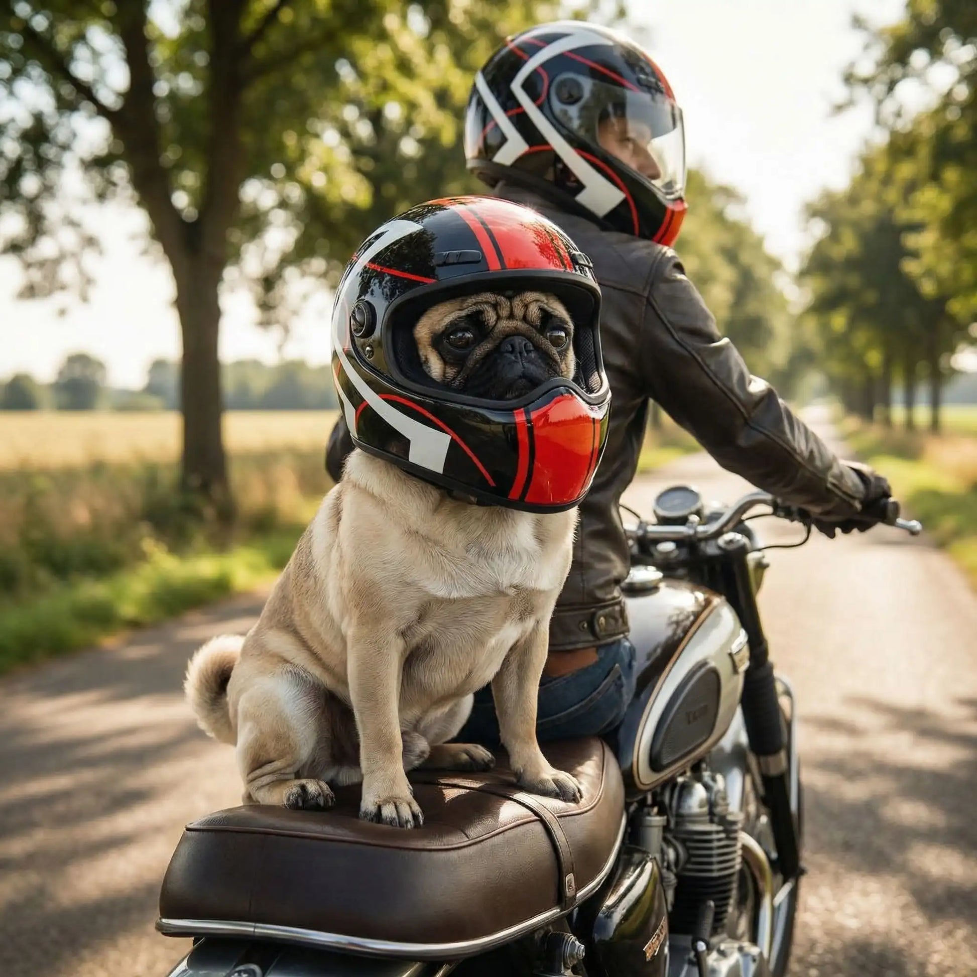 Chien Carlin portant un casque moto pour chien noir et rouge assis sur la selle à la campagne.