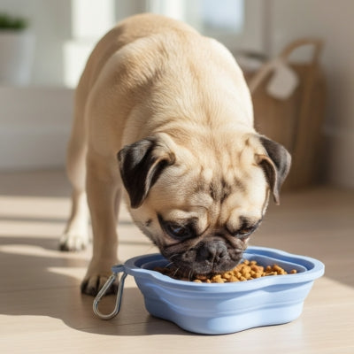 Gros plan d'un Carlin mangeant dans une gamelle pour chien bleue avec mousqueton argenté.