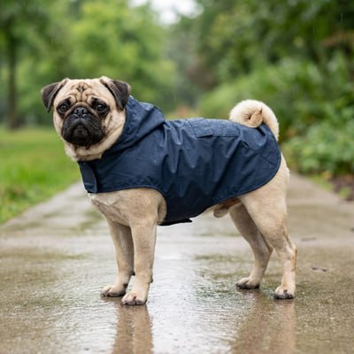 Carlin portant un imperméable pour chien bleu sur un sol mouillé par la pluie.