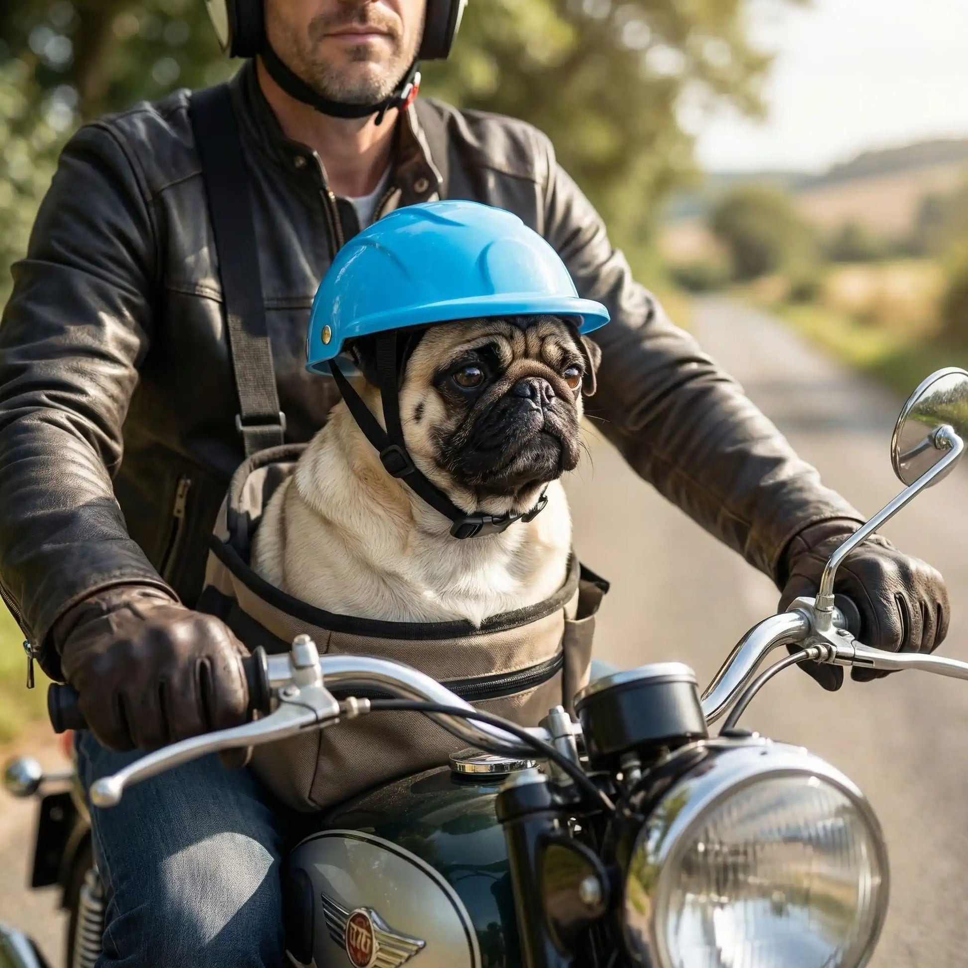 Un chien Carlin portant un casque moto pour chien bleu dans une sacoche de transport.