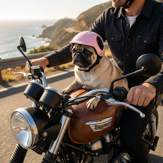 Carlin avec casque moto pour chien rose sur une moto Triumph longeant la côte.