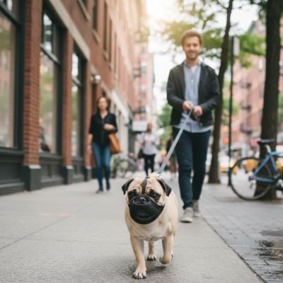 Homme en ville tenant en laisse un carlin équipé d'une muselière pour bouledogue français.