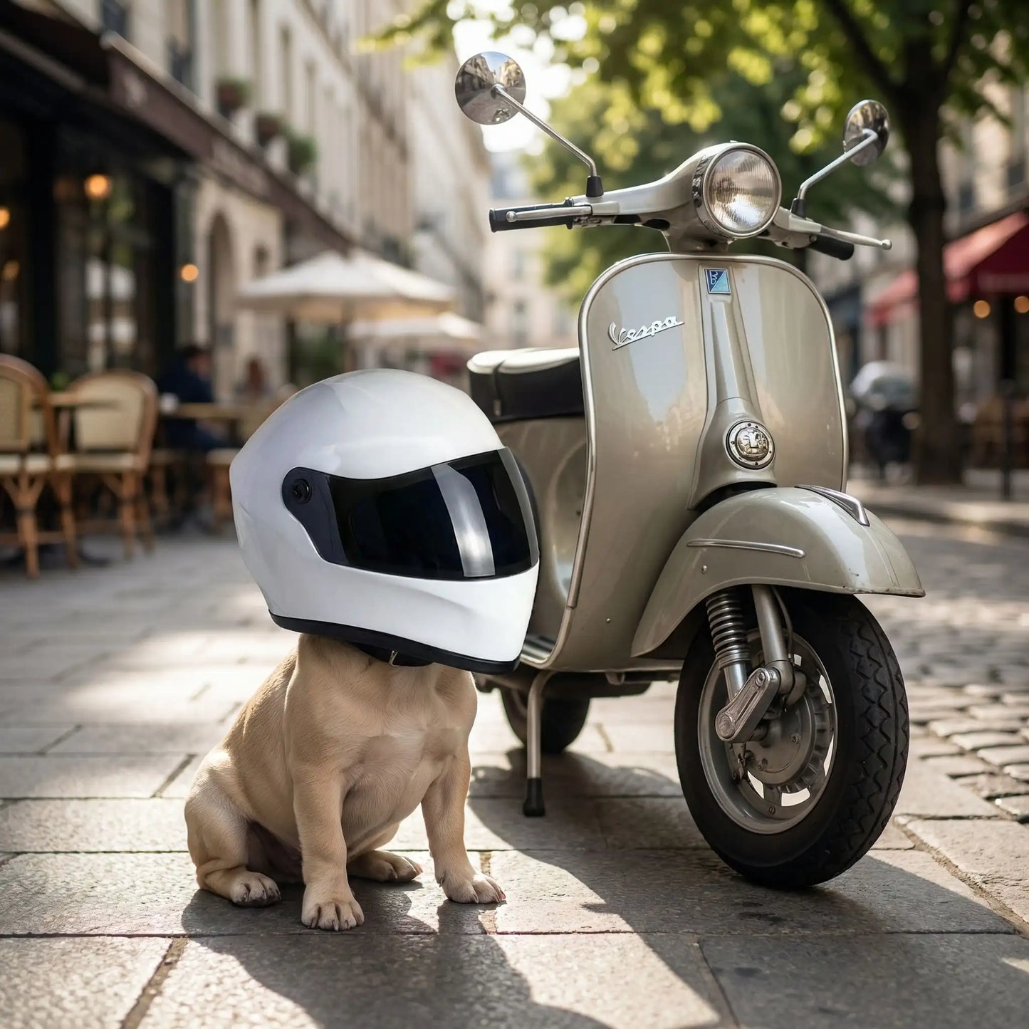 casque moto chien porter par un bouledogue francais marron a côté du moto