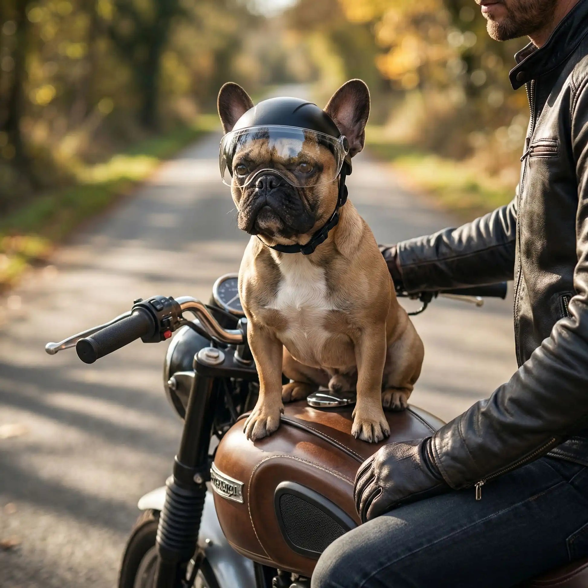 Chien Bouledogue Français avec casque moto chien assis sur le réservoir d'une moto.
